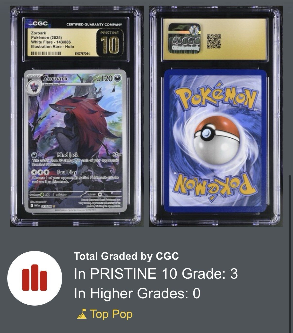 ‼️Pokemon Zoroark #143 White Flare Holo GRADE 10 PRISTINE GOLD LABEL TOP POP💨