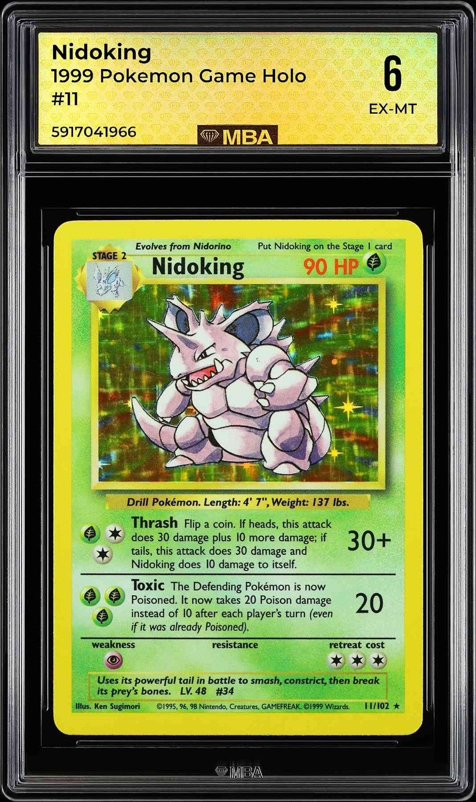 ⚠️ Nidoking 011/102 Pokemon Base Set Holo~ MBA GRADE 6~ FAST SHIP SHOOT OFFER💨