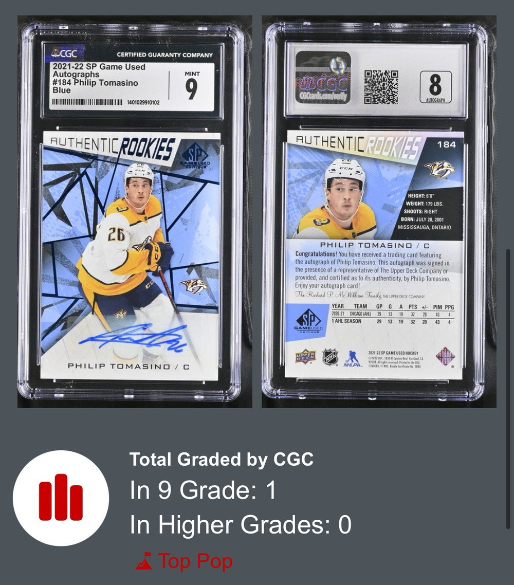 ‼️2021-22 Upper Deck Game Used-Rookies Philip Tomasino #184 GRADE 9💨POP 1 AUTO