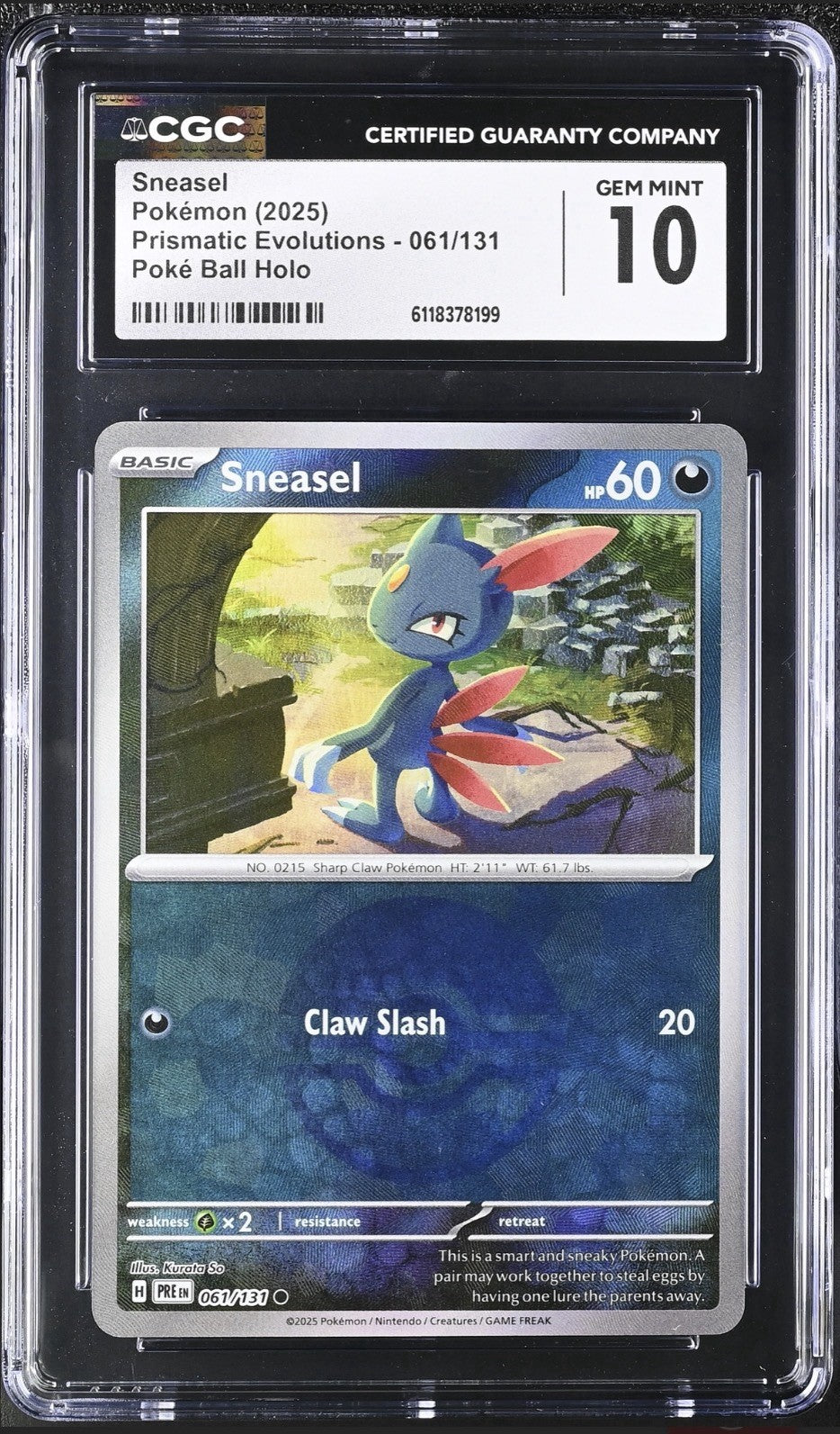 ‼️Sneasel PokeBall 061 Prismatic Evolutions Holo GRADE 10~FAST SHIP SHOOT OFFER
