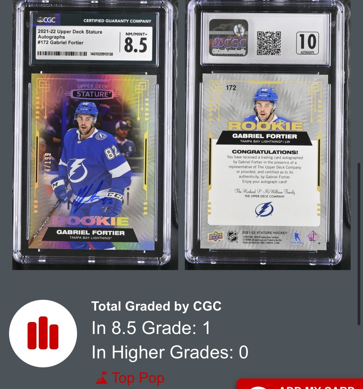 ‼️2021-22 UD Stature - Rookies Gabriel Fortier #172~GRADE 8.5~AUTO 10~POP 1!💨