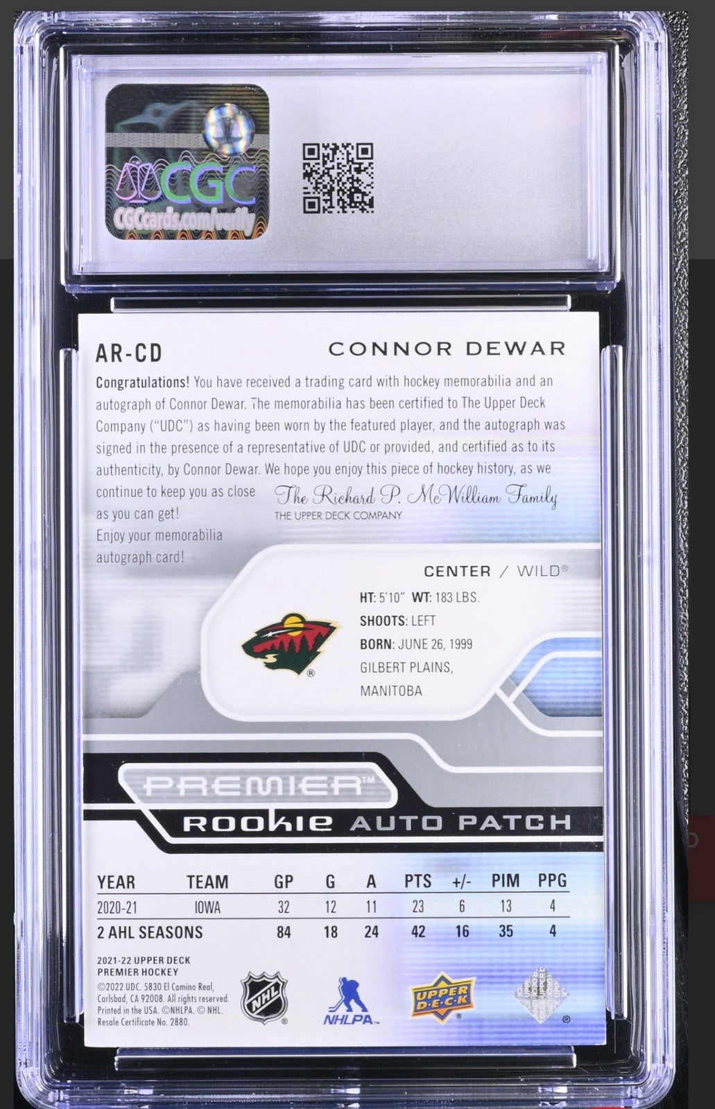 ‼️2022-23 UD Premier Connor Dewar: Acetate Rookie Patch Auto POP 1~SHOOT OFFER💨