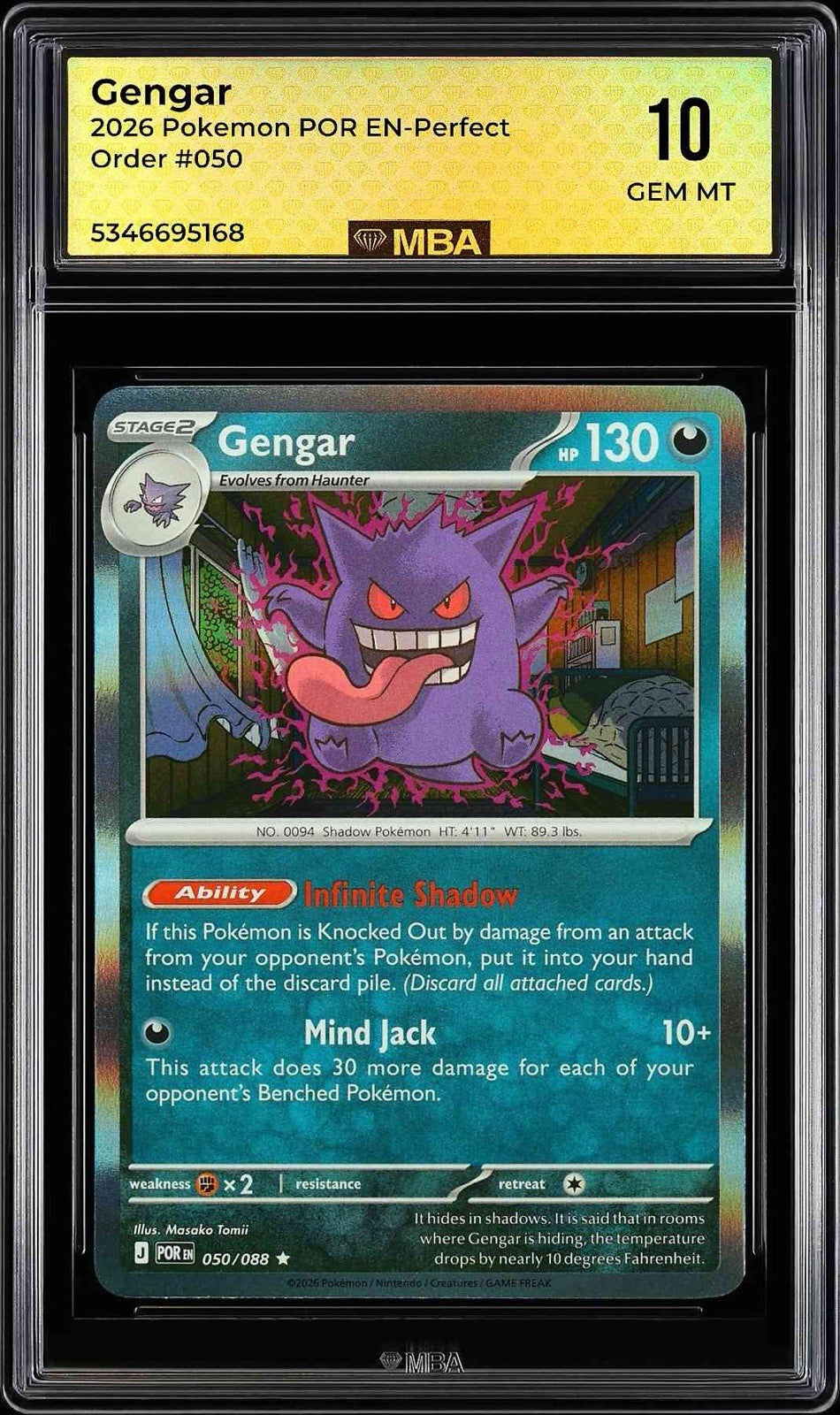 ⚠️ Gengar 050/088 Pokemon Perfect Order Holo~MBA GRADE 10 LOW POP SHOOT OFFER😈