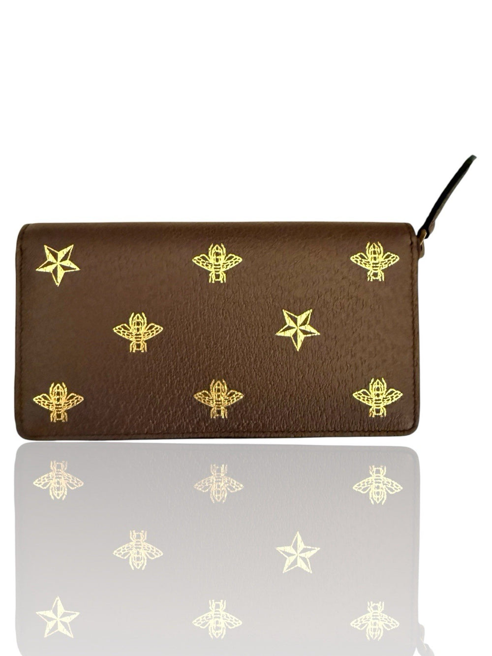 🐝 NEW GUCCI Bee Star Design Brown Leather Long Wallet Zip Around Gold Italy💨