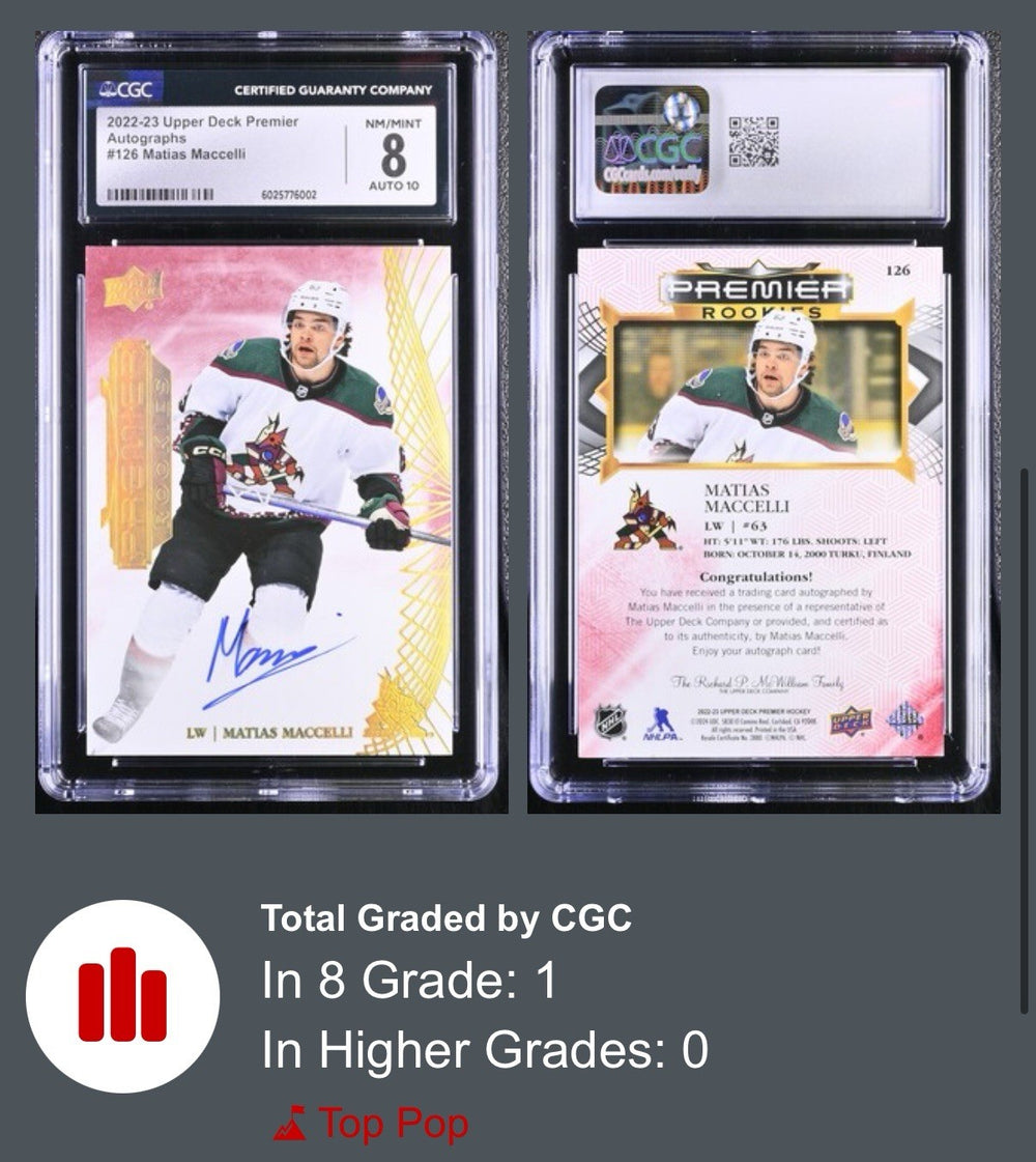 ‼️2022-23 UD Premier~Rookies Matias Maccelli POP 1 GRADE 8~AUTO 10~SHOOT OFFER💨