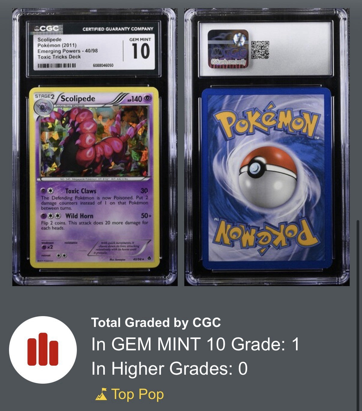 ‼️Pokemon Scolipede #40 Emerging Powers GRADE 10 POP 1~FAST SHIP~SHOOT OFFER!💨