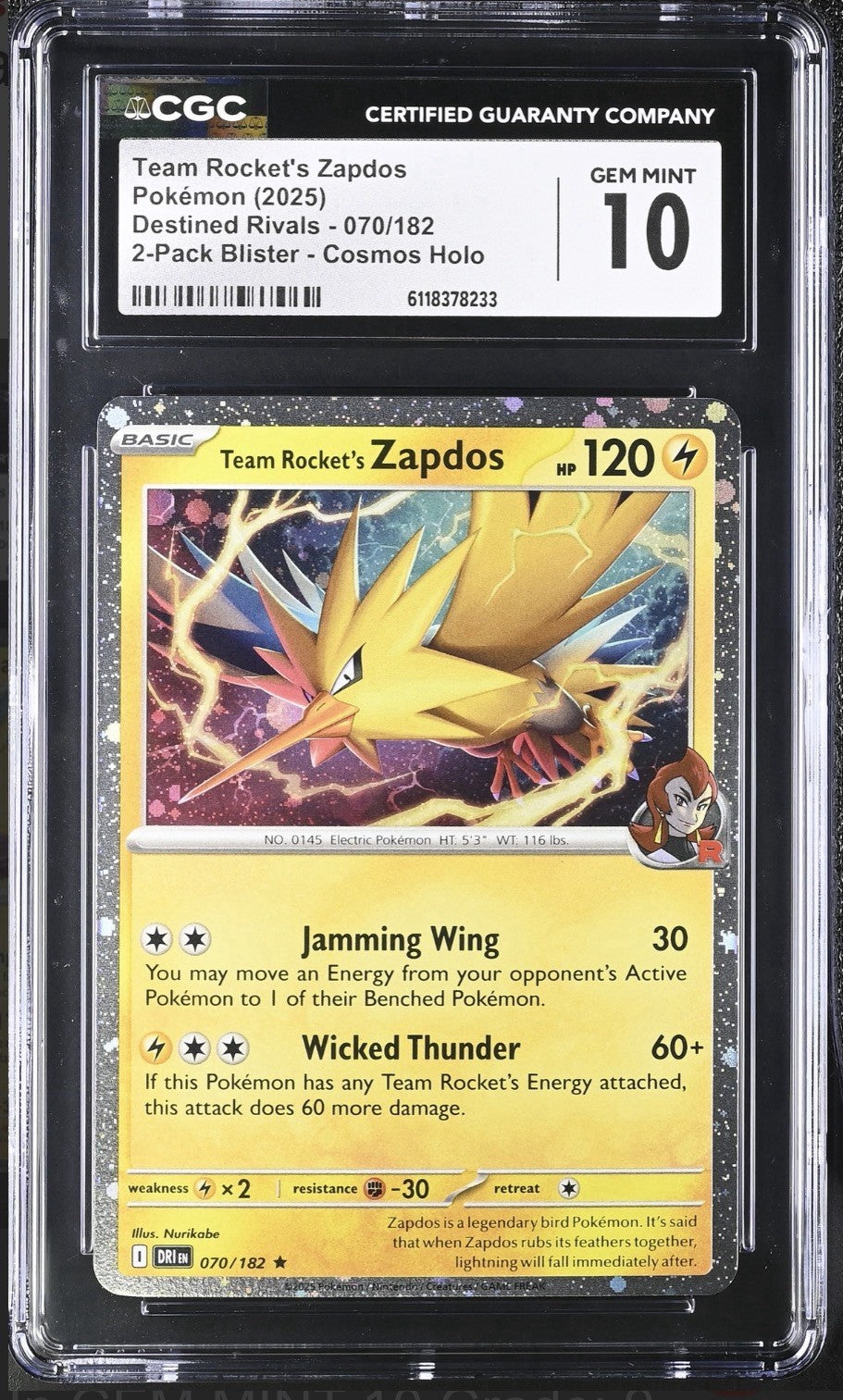 💎 Team Rocket's Zapdos Cosmos Holo 070~ GRADE 10~ FAST SHIP SHOOT OFFER!💨