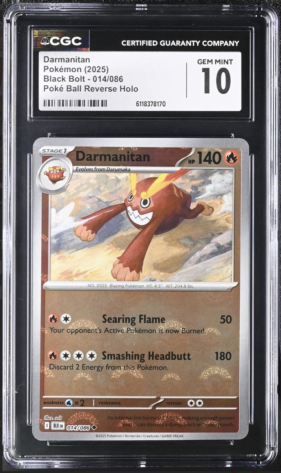 ‼️Darmanitan PokeBall 014 Black Bolt Holo GRADE 10! SAME DAY SHIP~SHOOT OFFER!💨