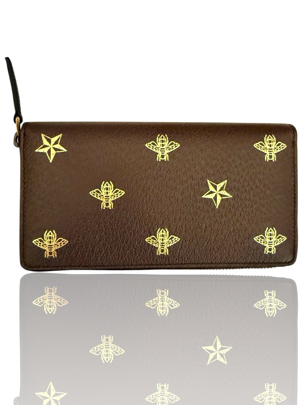 🐝 NEW GUCCI Bee Star Design Brown Leather Long Wallet Zip Around Gold Italy💨