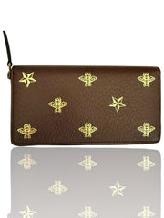 🐝 NEW GUCCI Bee Star Design Brown Leather Long Wallet Zip Around Gold Italy💨