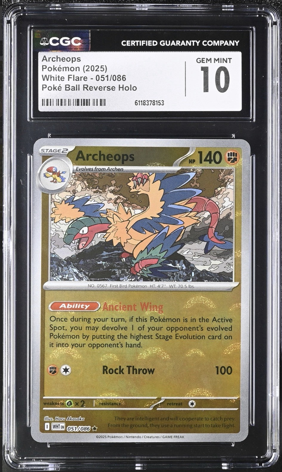 💎Pokemon Archeops PokeBall #051 White Flare GRADE 10~SAME DAY SHIP~SHOOT OFFER