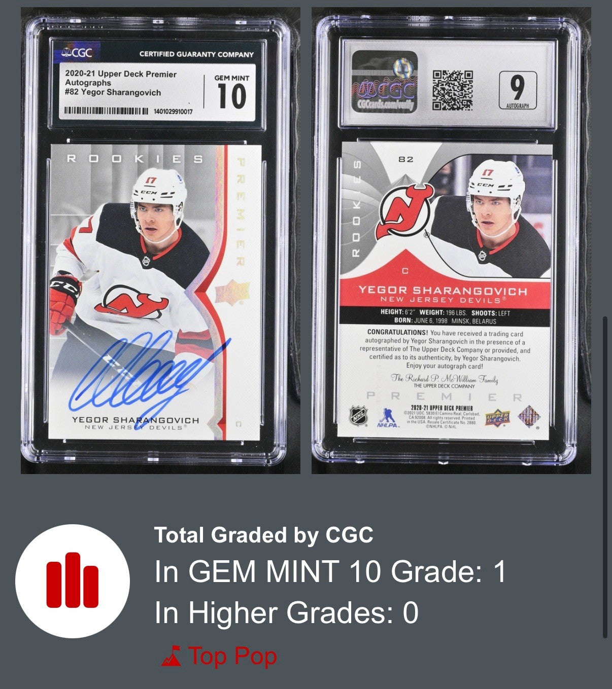 ‼️2020-21 UD Premier Rookies Yegor Sharangovich #82 Silver GRADE 10~POP 1!💨