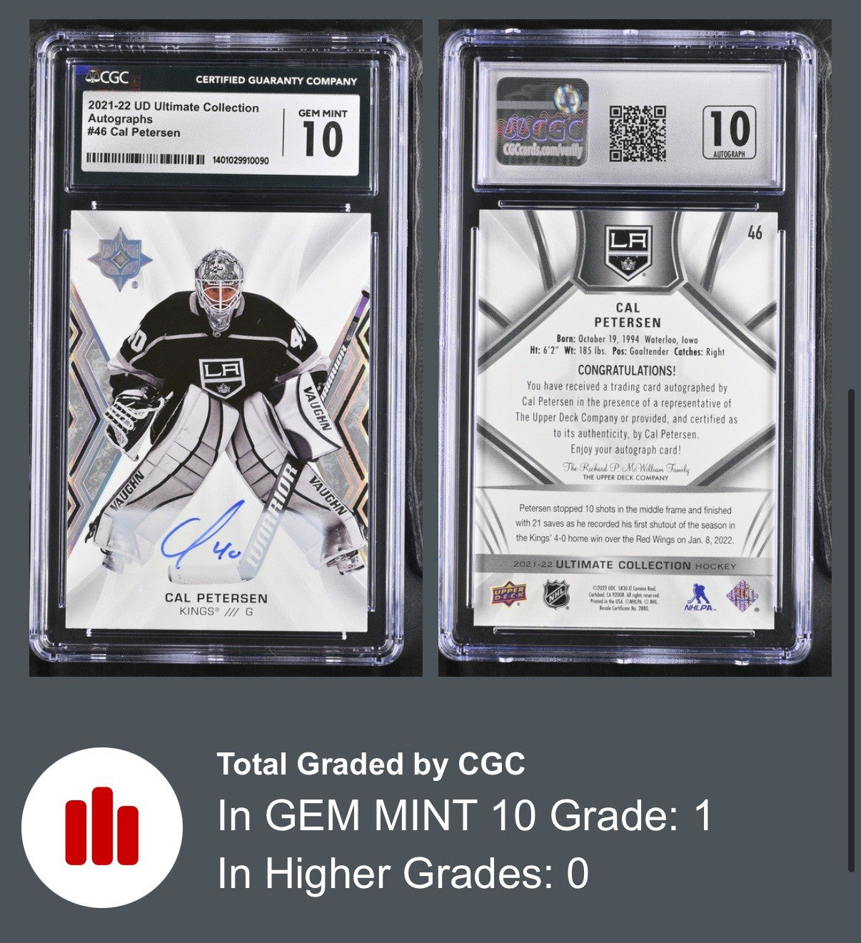‼️2021-22 Upper Deck Ultimate Collection~Cal Petersen #46 Autographs GRADE 10💨