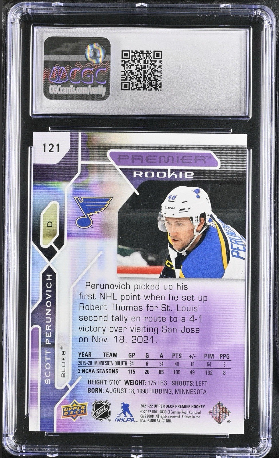 ‼️2021-22 UD Premier #121 Scott Perunovich Purple~POP 1~GRADE 10~SHOOT OFFER💨