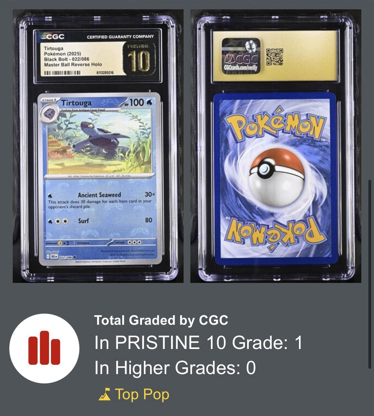💙 Tirtouga MasterBall #022 Black Bolt GRADE 10 PRISTINE GOLD LABEL TOP POP!💨