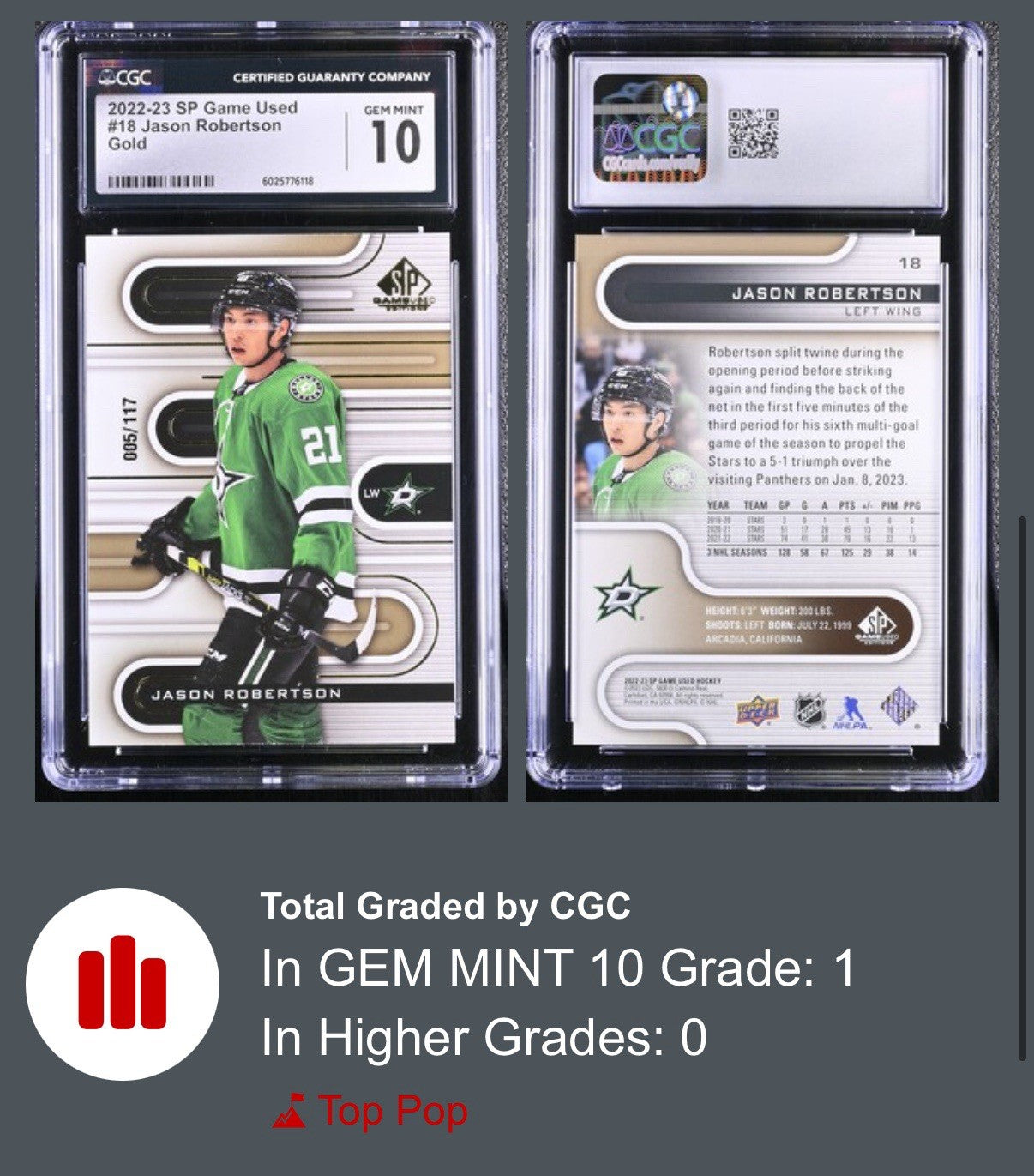 ‼️2022-23 SP Game Used #18 Jason Robertson Gold GRADE 10~POP 1! FAST SHIPPING💨