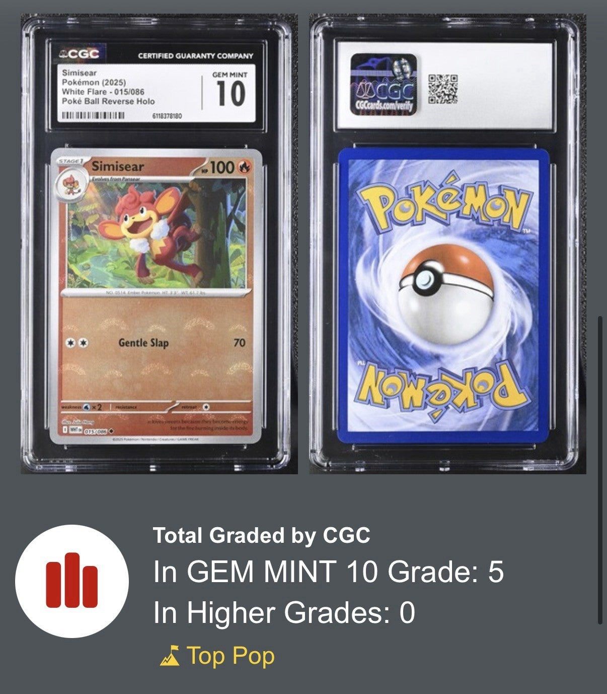 🔥Simisear PokeBall 015 White Flare Holo GRADE 10! SAME DAY SHIP~ SHOOT OFFER💨