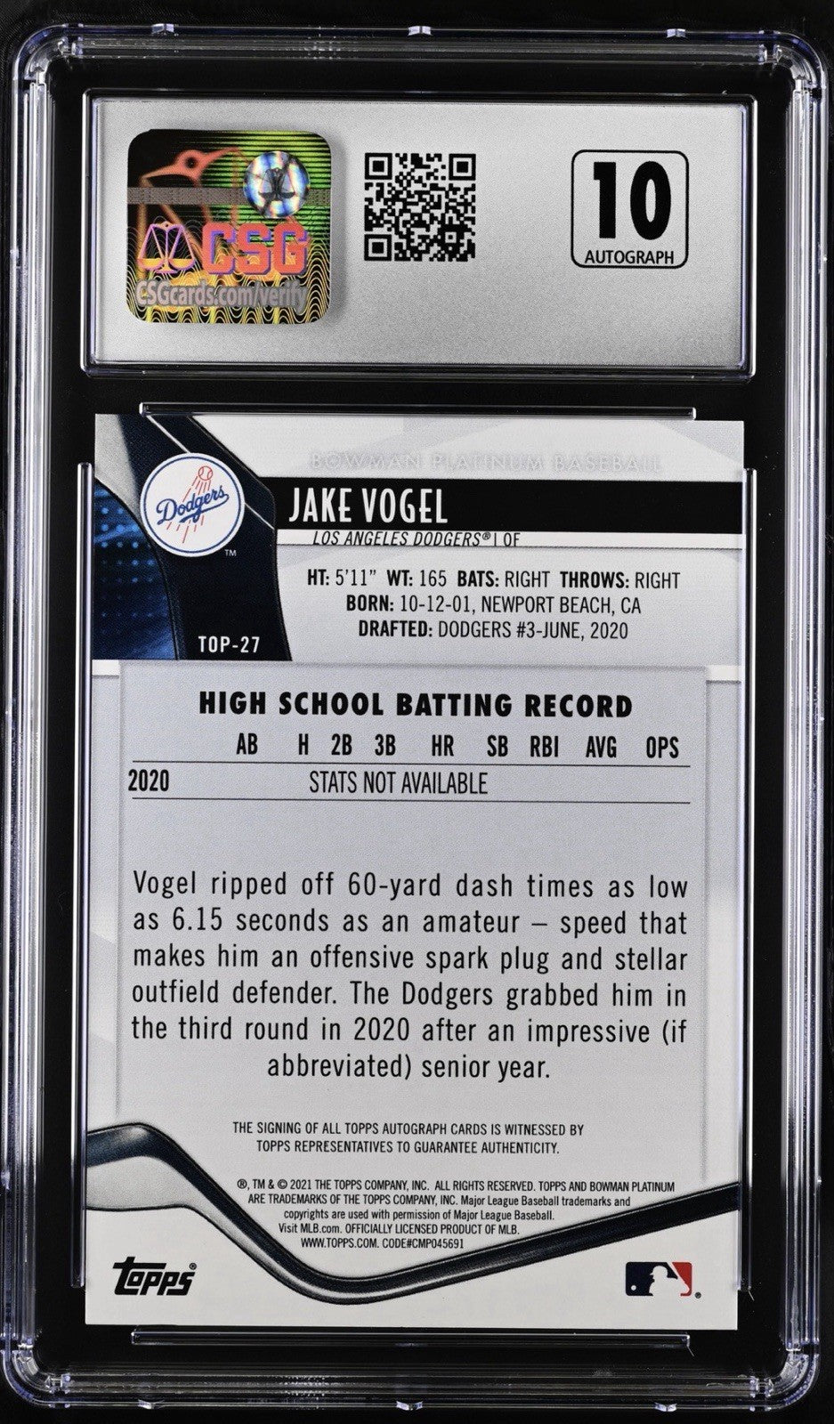 ‼️2021 Bowman Platinum Top Prospects Jake Vogel #TOP-27 AUTO RC POP 1!💨AUTO 10