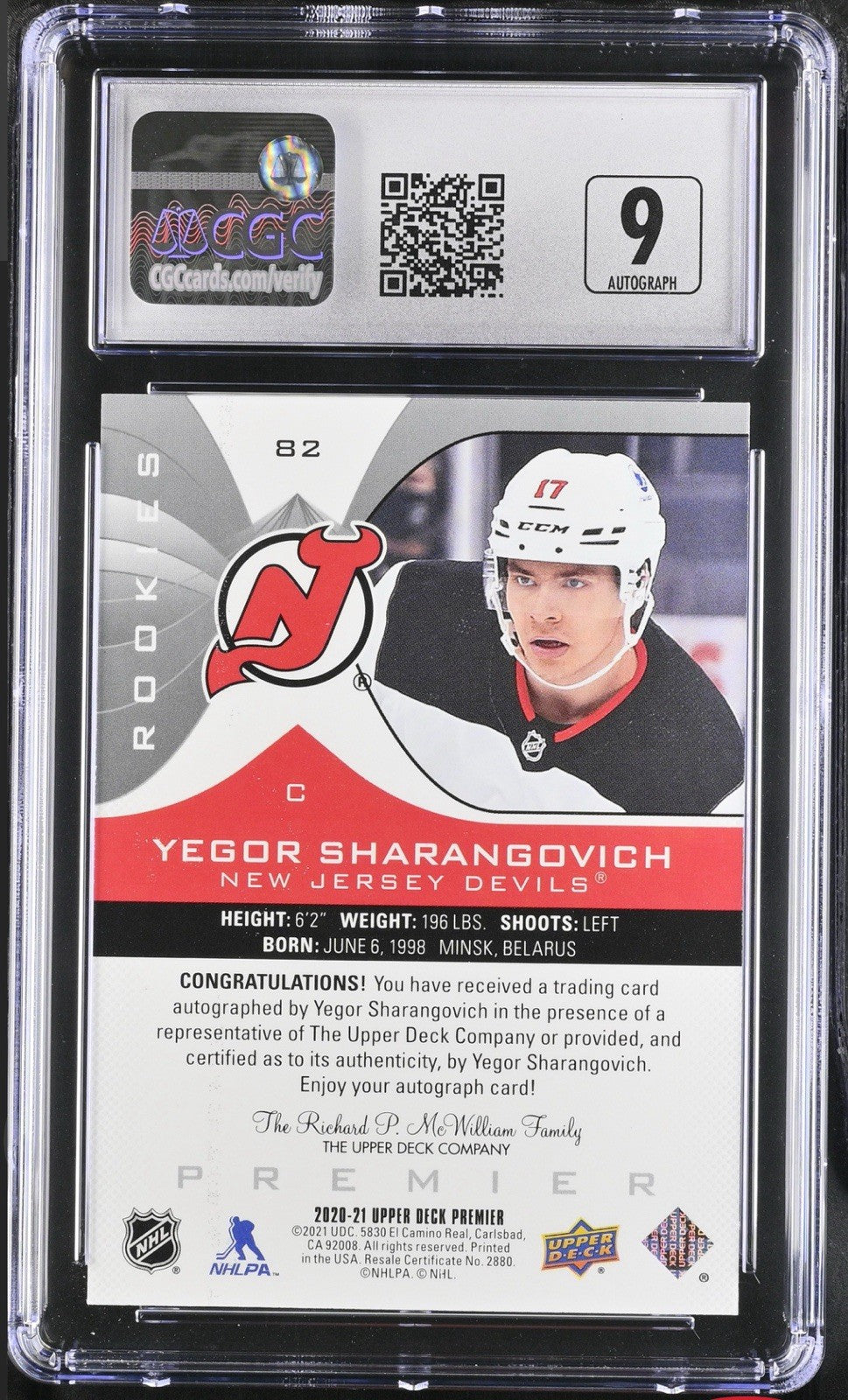 ‼️2020-21 UD Premier Rookies Yegor Sharangovich #82 Silver GRADE 10~POP 1!💨
