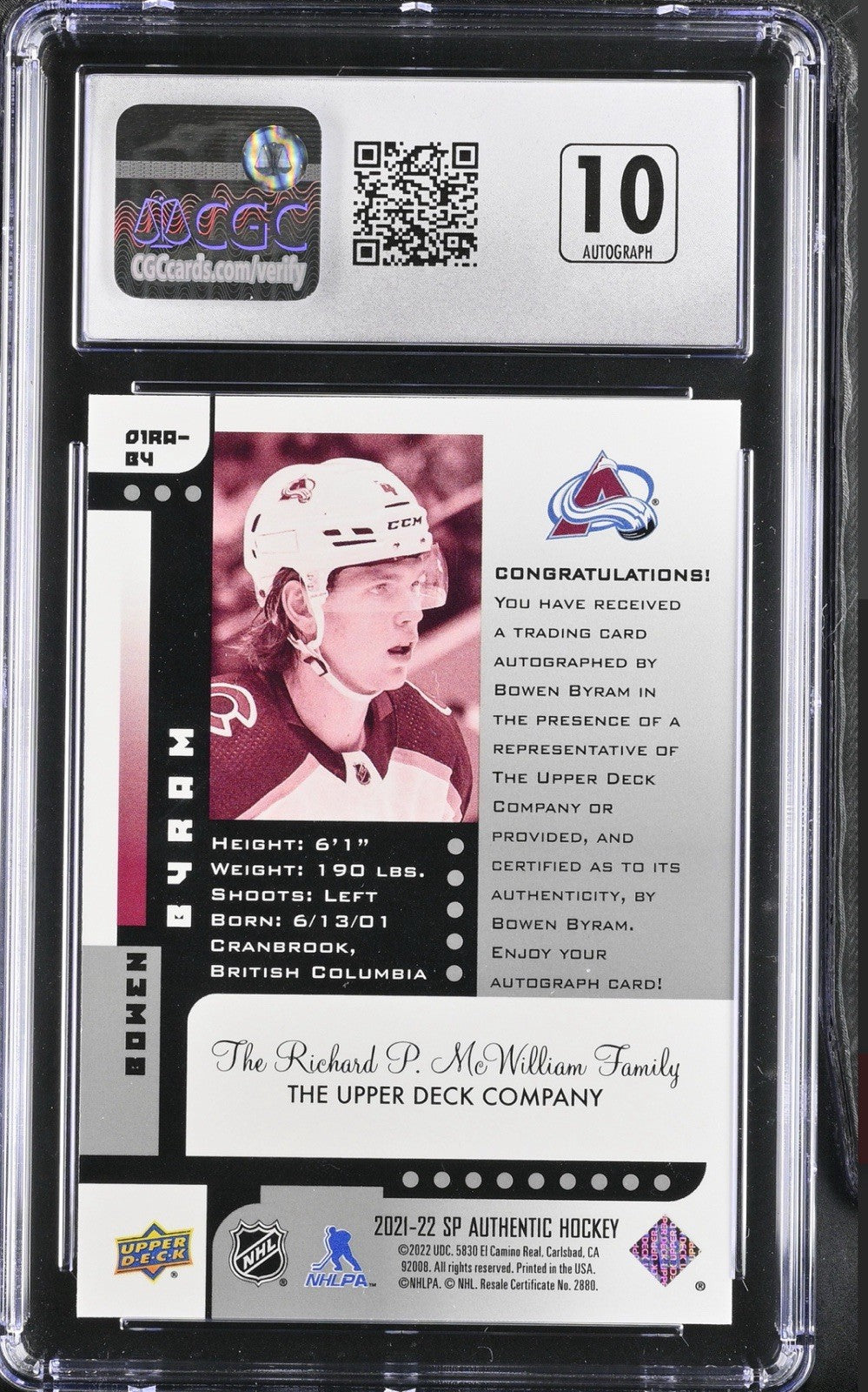 ‼️2021-22 SP Authentic Retro Autographs #01RA-BY Bowen Byram CGC 10~AUTO 10💨