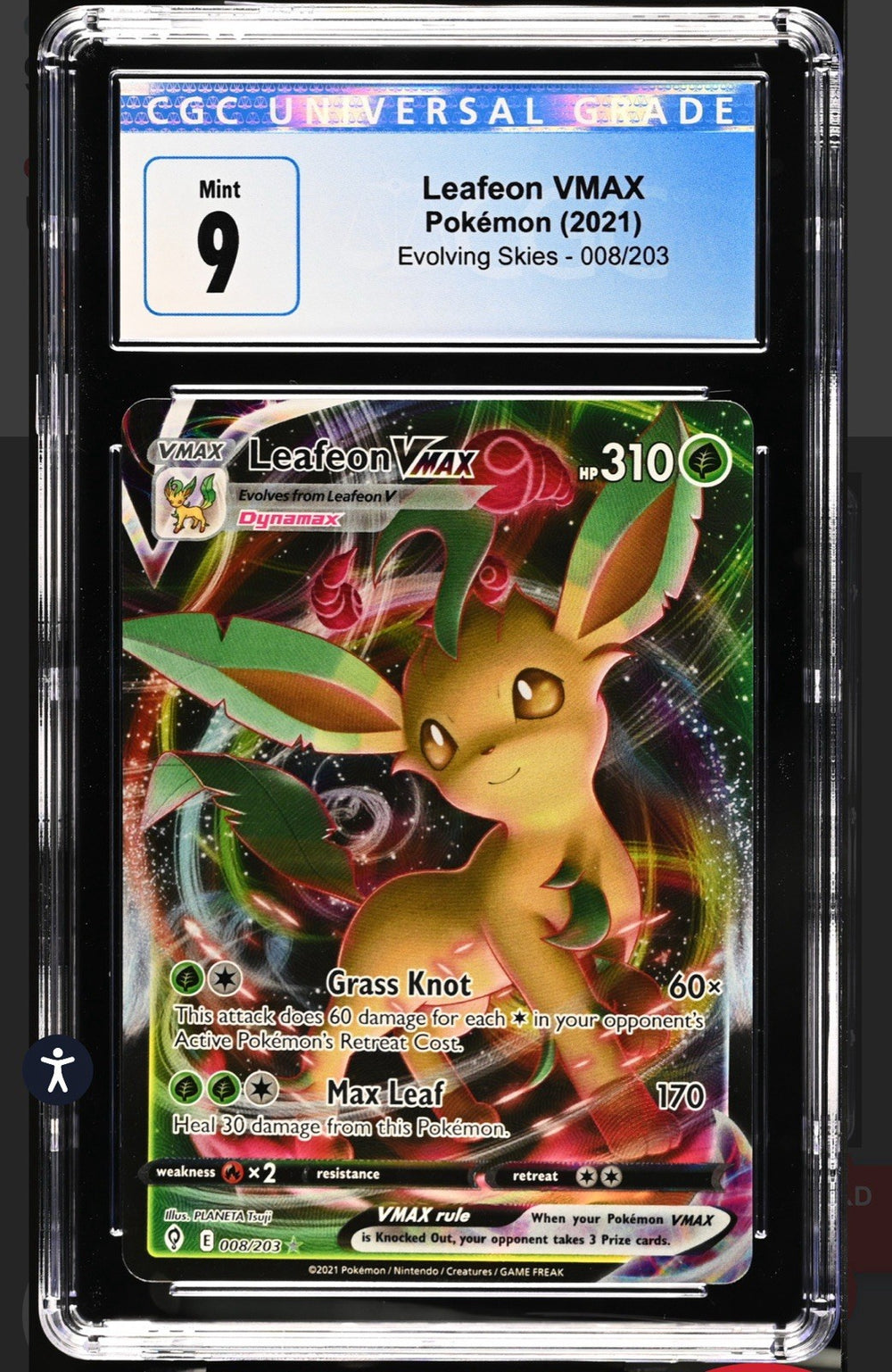 ‼️Leafeon VMAX 008/203: Evolving Skies Holo~GRADE 9! SHIPS FAST SAME DAY!💨