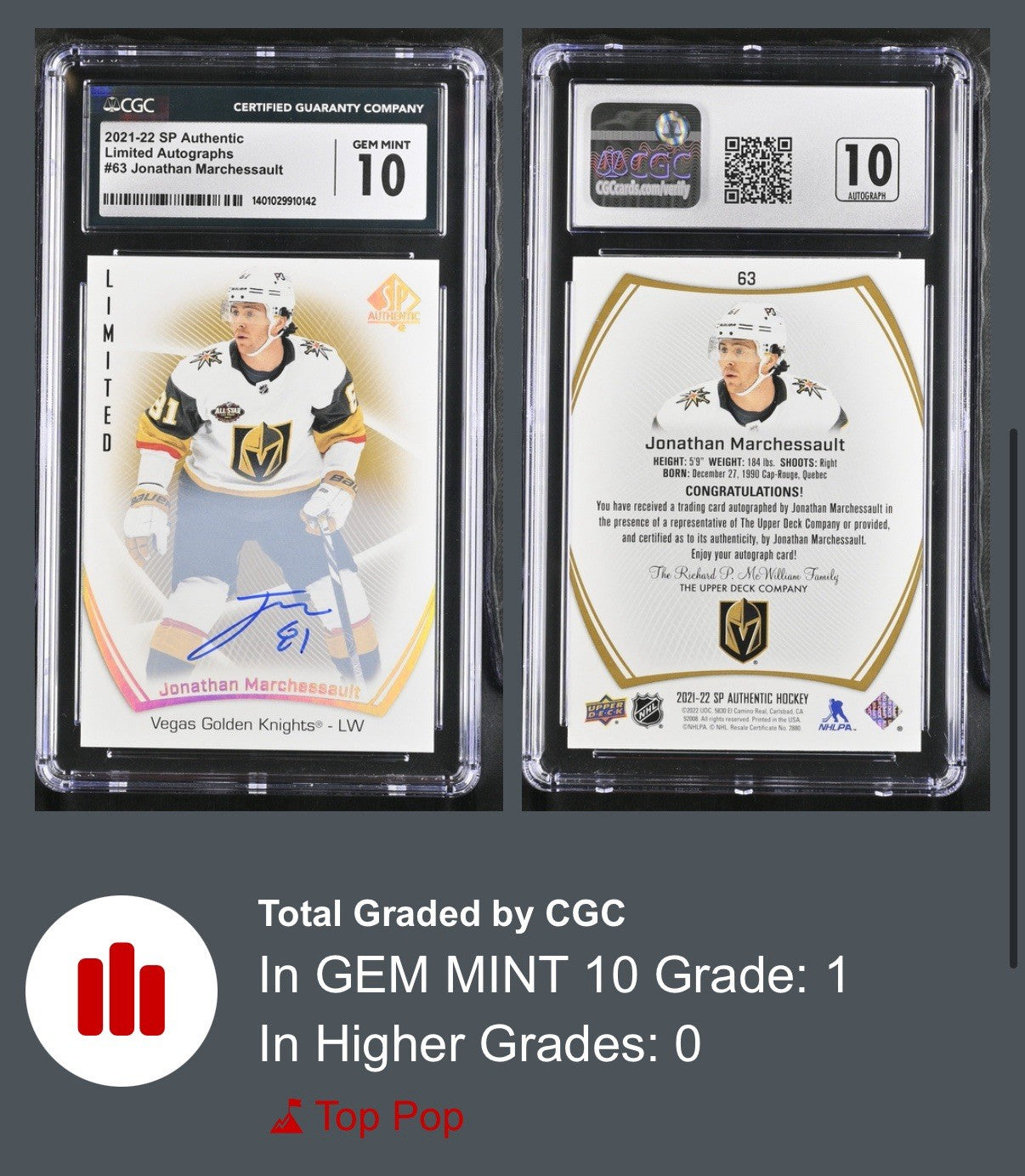 ‼️2021 SP Authentic Limited #63 Jonathan Marchessault GRADE 10~AUTO 10~POP 1!💨