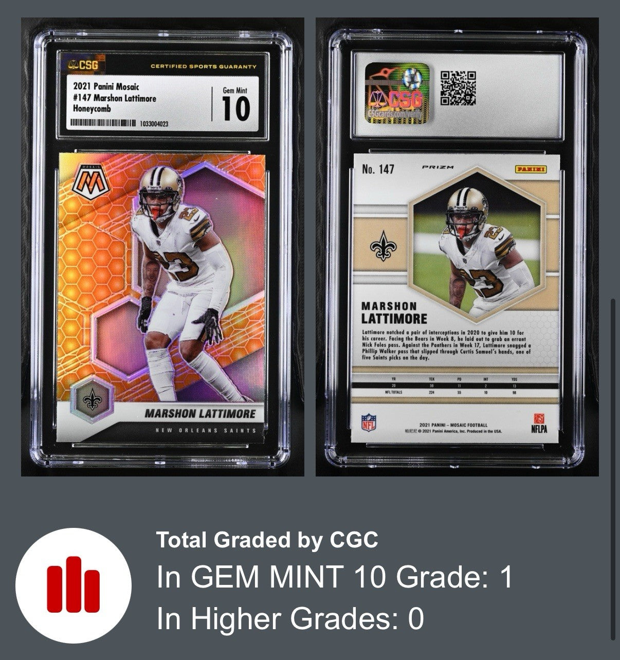 ‼️2021 Panini Mosaic #147 Marshon Lattimore Honeycomb Prizm~GRADE 10~POP 1💨