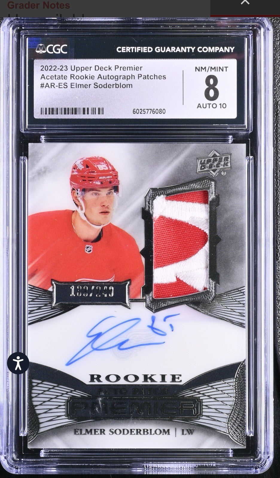 ‼️2022-23 UD Premier Acetate Rookie Autograph Patches Elmer Soderblom GRADED💨