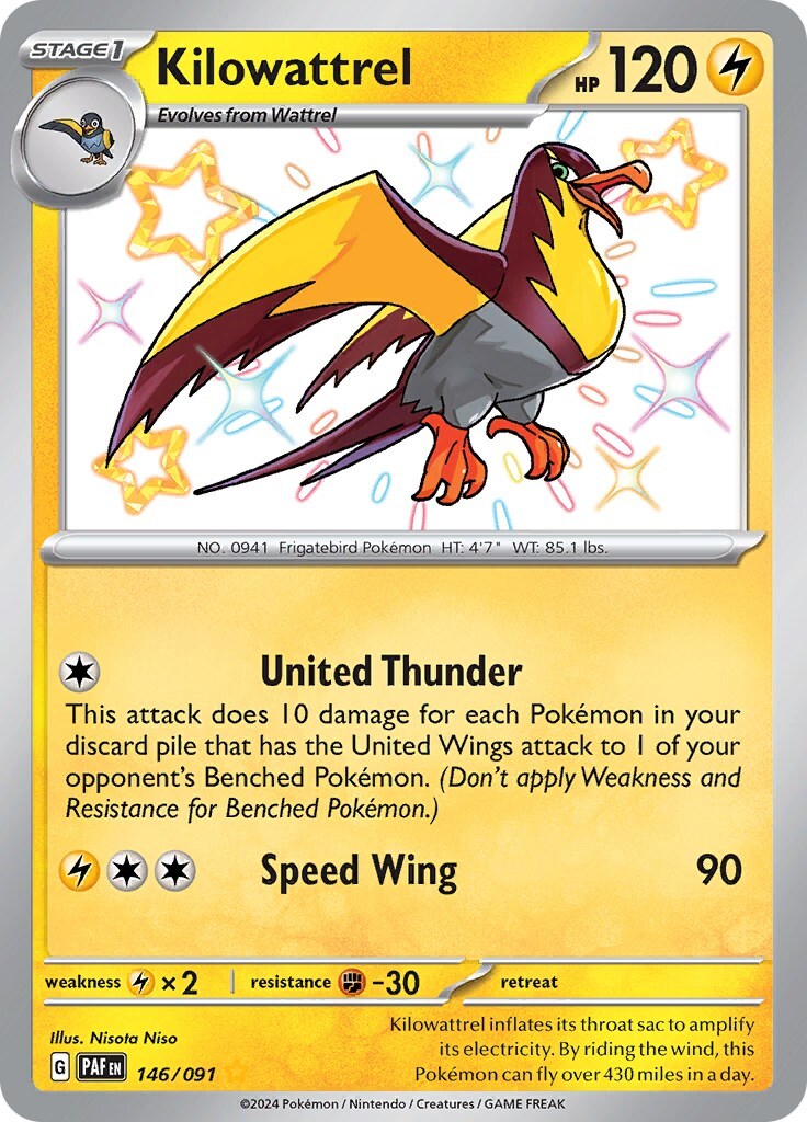 ‼️Pokemon Kilowattrel 146/091: Paldean Fates Holo GRADE 9! FAST SHIP~SHOOT OFFER