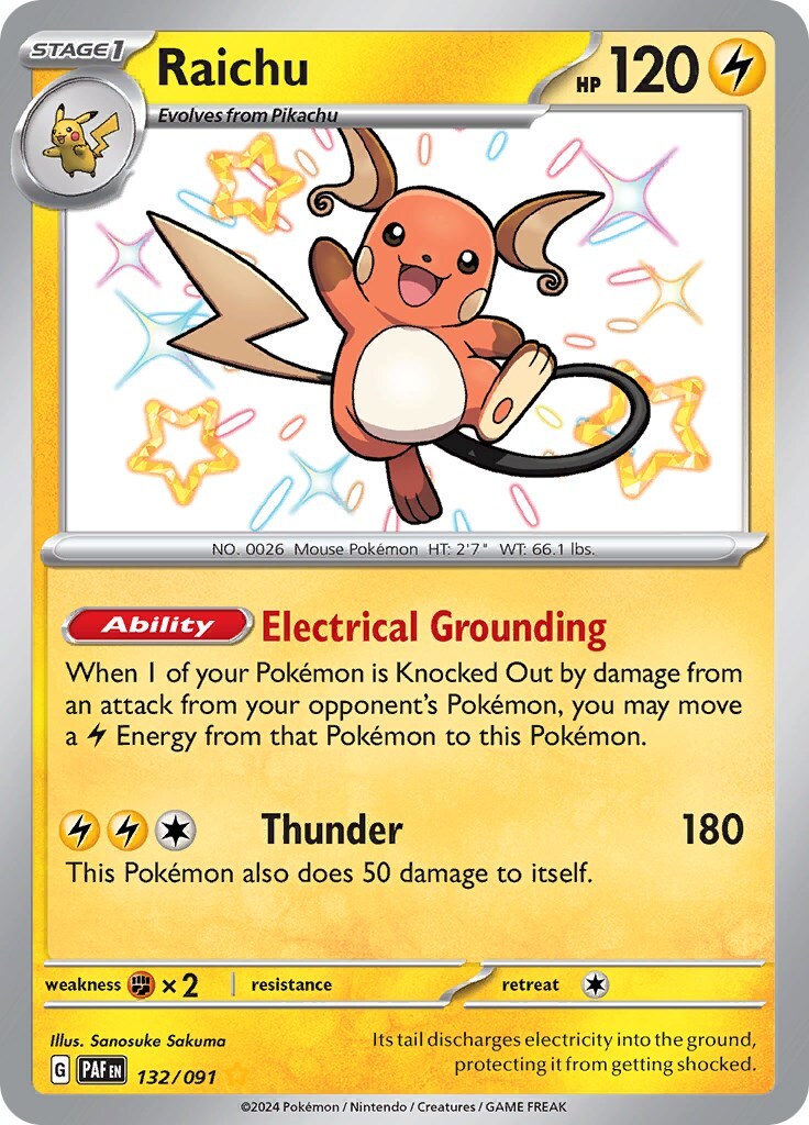 ‼️RAICHU 2024 POKÉMON SCARLET & VIOLET PALDEAN FATES #132/091~ TAG GRADE 9!💨
