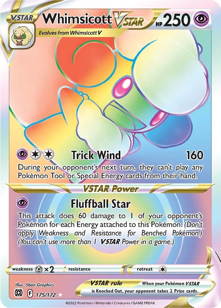 ‼️Whimsicott VSTAR Pokémon (2022) Brilliant Stars - 175~Rainbow Rare GRADE 10!💨