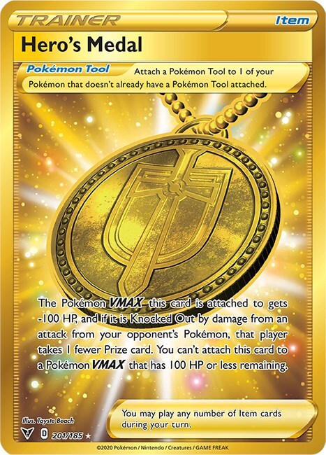 ‼️Hero's Medal (Secret) 201/185 Swsh04: Vivid Voltage Holo GRADE 9!💨