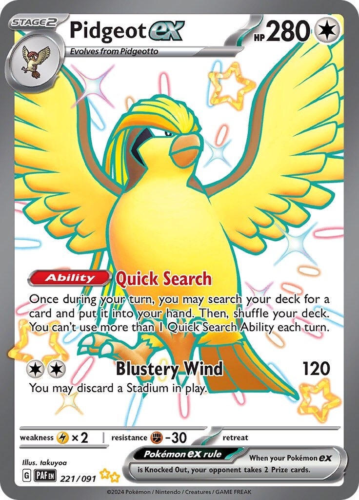 ‼️Pidgeot ex 221/091: Paldean Fates SHINY GRADE 10! FAST SHIP~SHOOT OFFER!💨